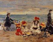 尤金 布丹 : Woman and Children on the Beach at Trouville